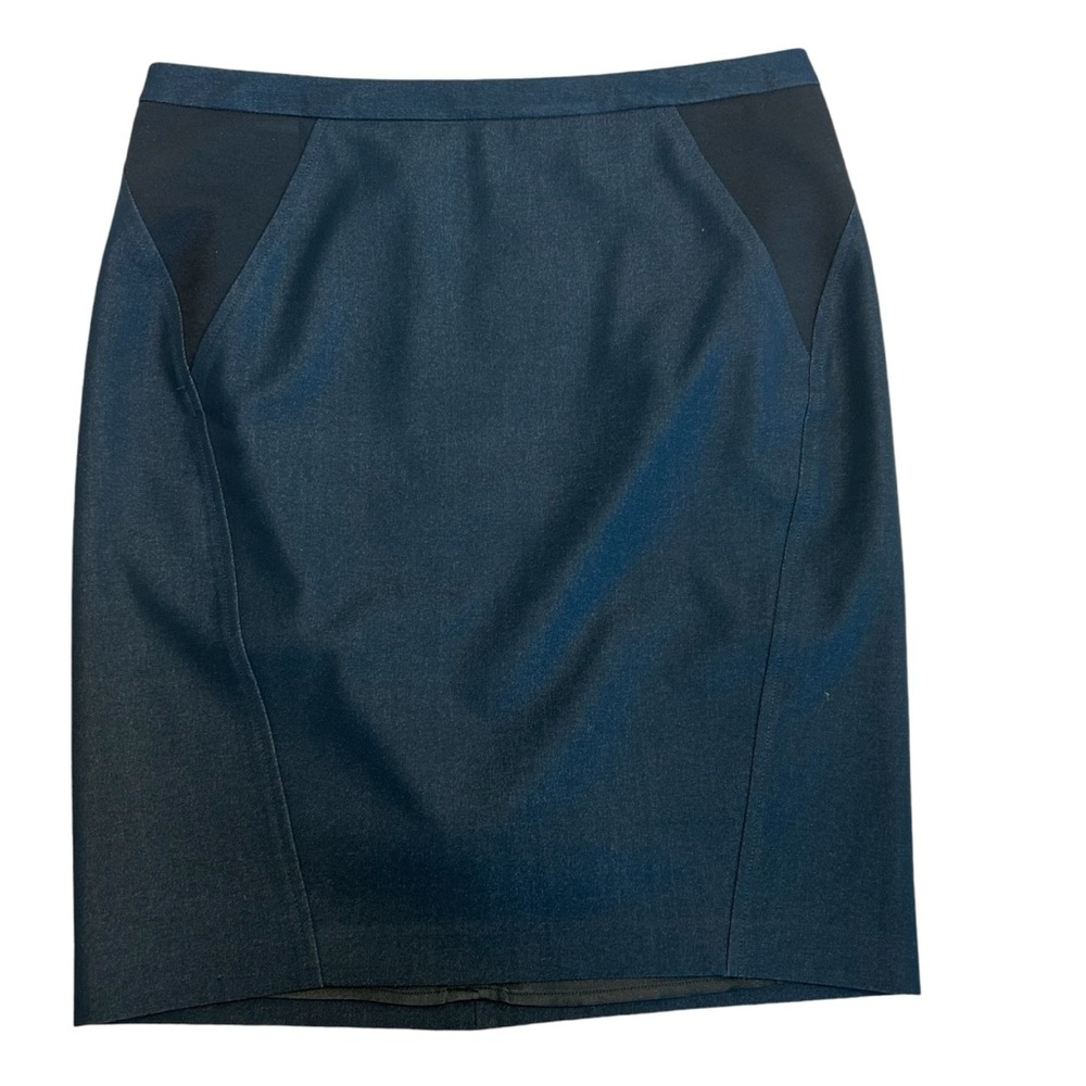 T Tahari dark navy blue black faux leather detail pencil skirt Sz 8